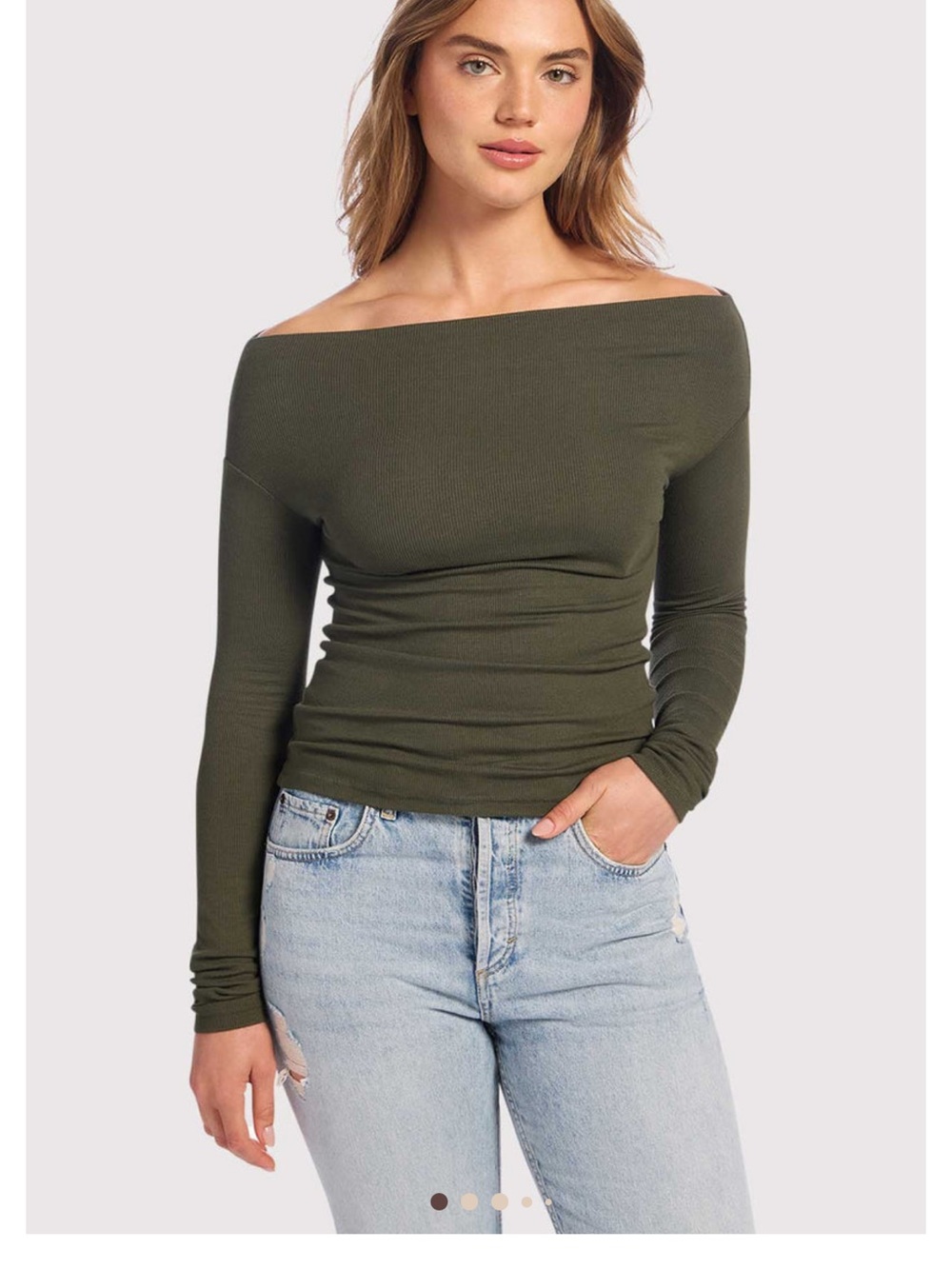 NWOT Nuuds Slinky Rib Off The -Shoulder Long Sleeve Top in Dark Olive